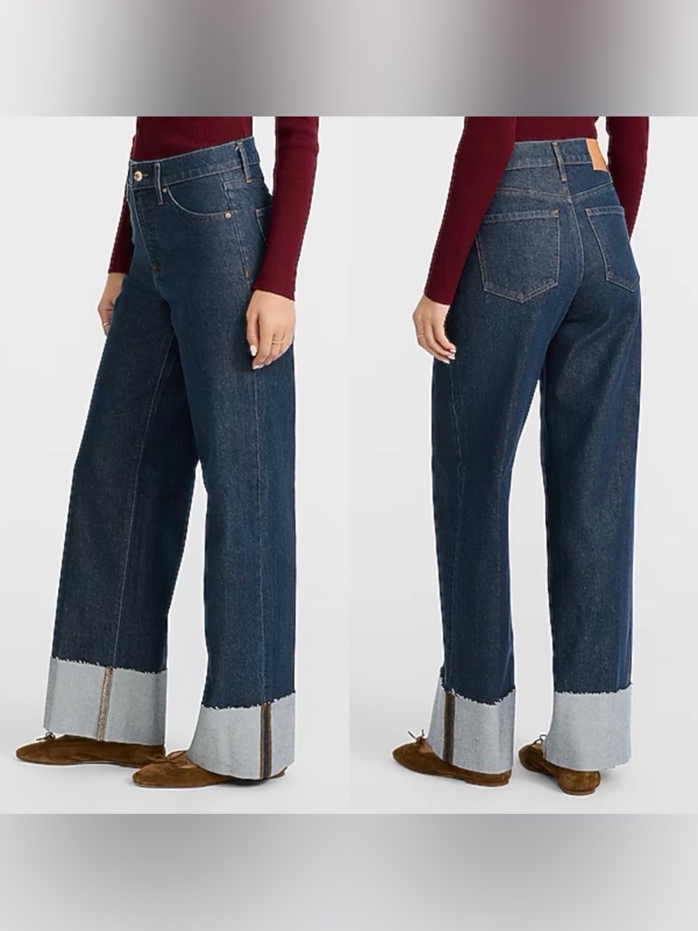 Express High Waisted Dark Wash Cuffed Wide Leg Jeans